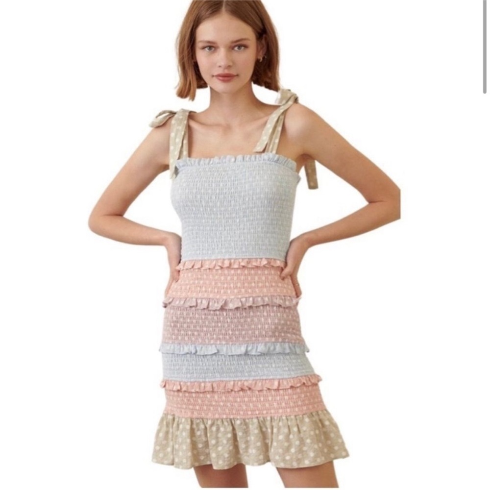 Storia Smocked Pastel Polka Dot Ruffle Mini Dress